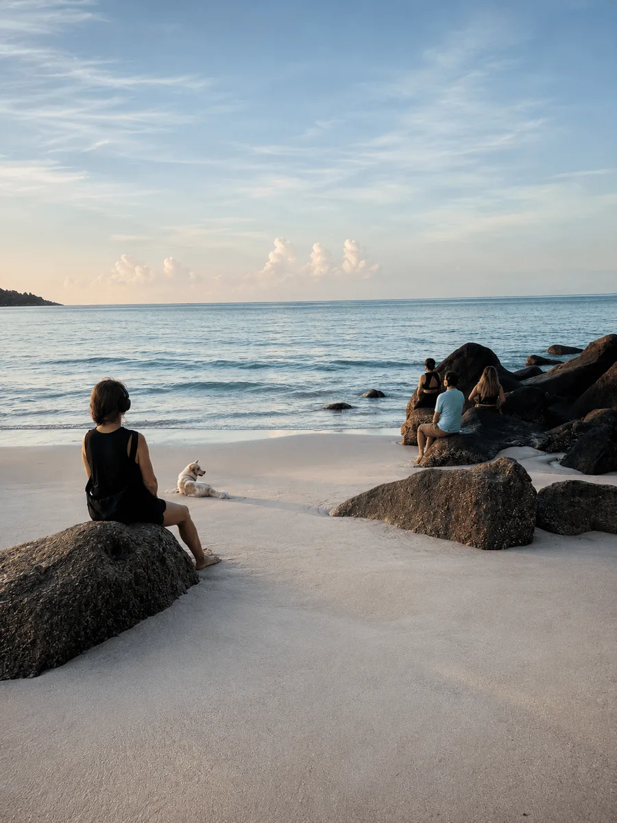 Guests relaxing on the beach at sunset at Phuket Cleanse