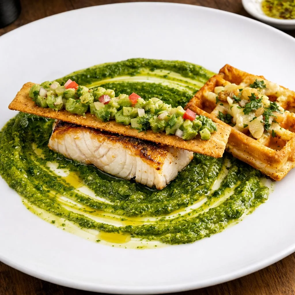 Grilled Fish, Pesto Purée & Savoury Waffle