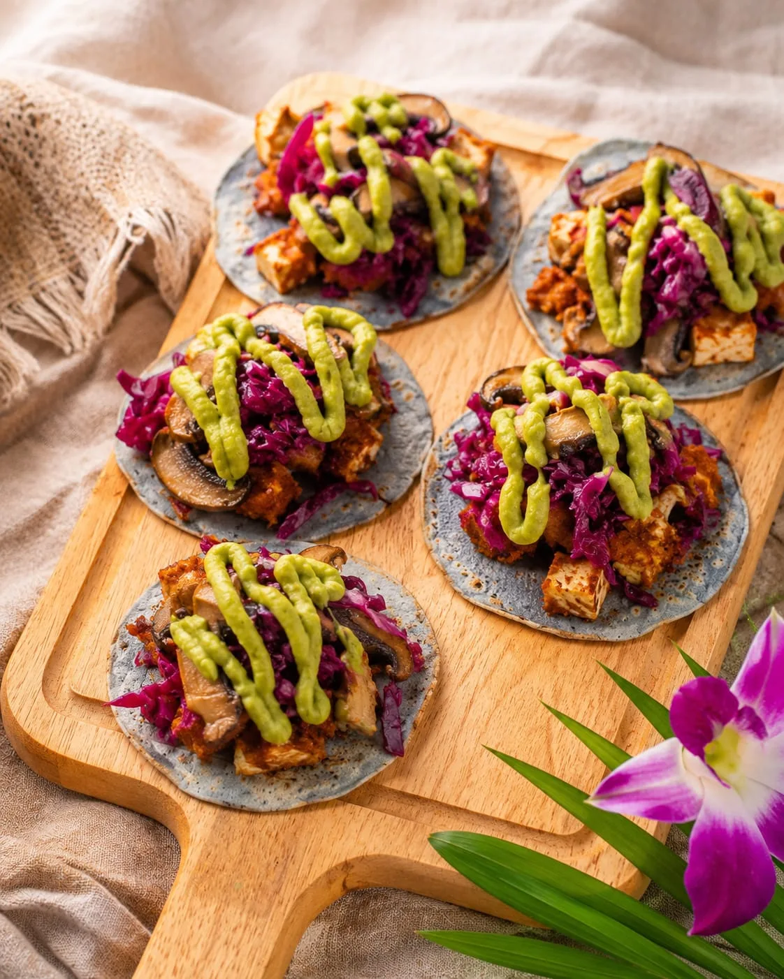Blue Corn Tacos — Smoked Tofu, Purple Slaw & Avocado