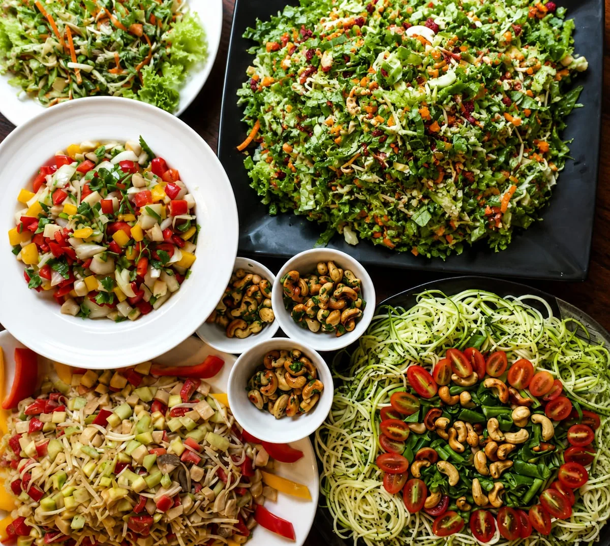 Raw vegan salads and spiralised vegetables laid out at Phuket Cleanse