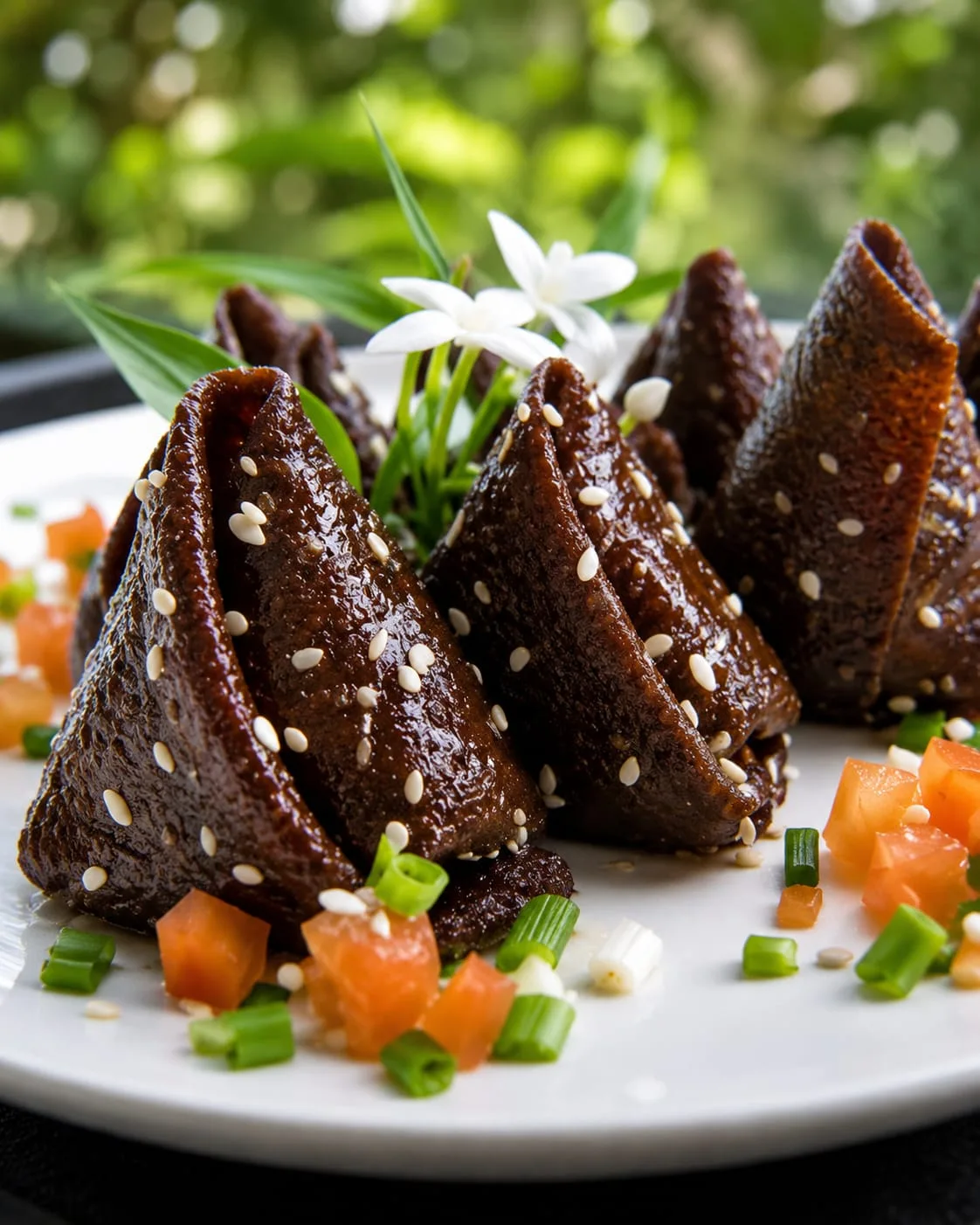 Black Sesame Dumplings — Tomato Salsa & Scallion