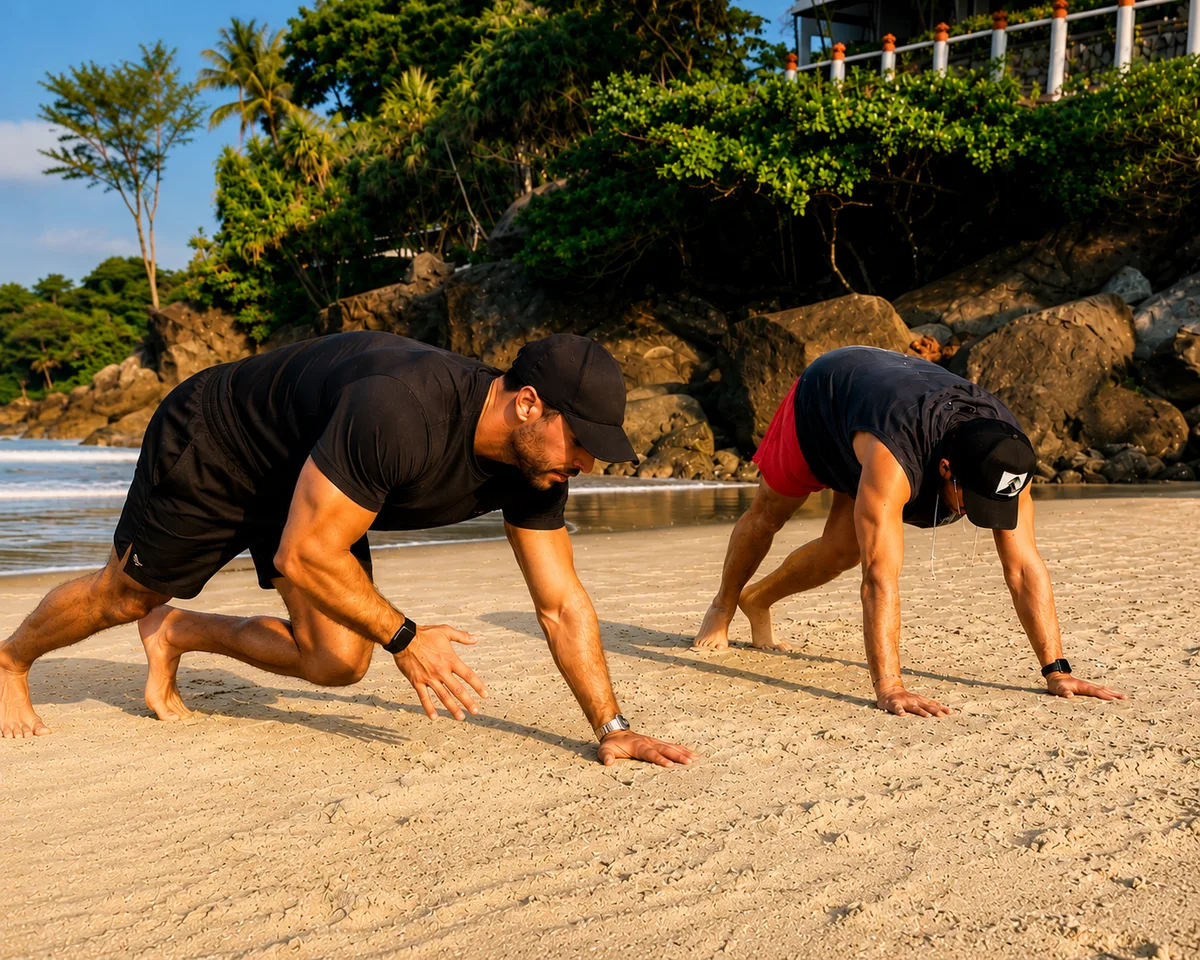 Two men doing push-ups on the beach at Phuket Cleanse