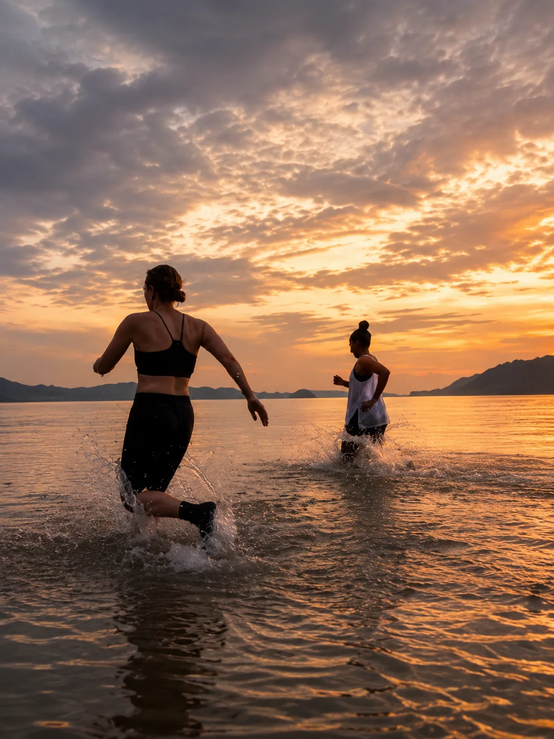 Two people running into the sea at sunset