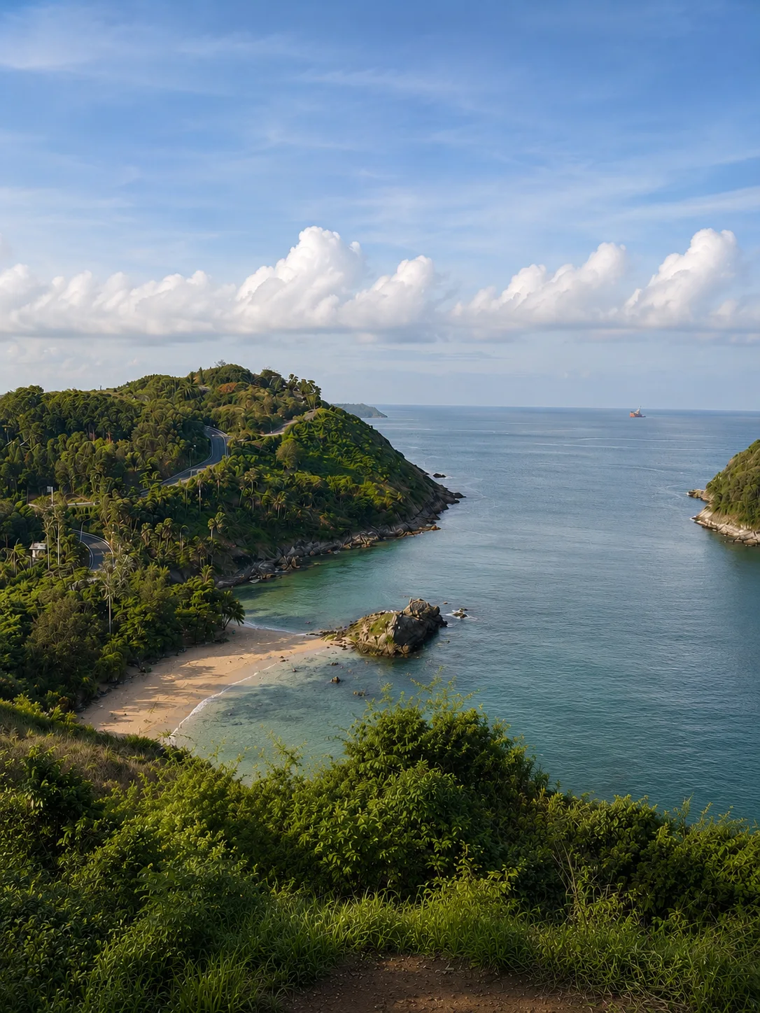 Aerial view of Rawai coastline and turquoise bay from the hilltop viewpoint — Phuket Cleanse hike