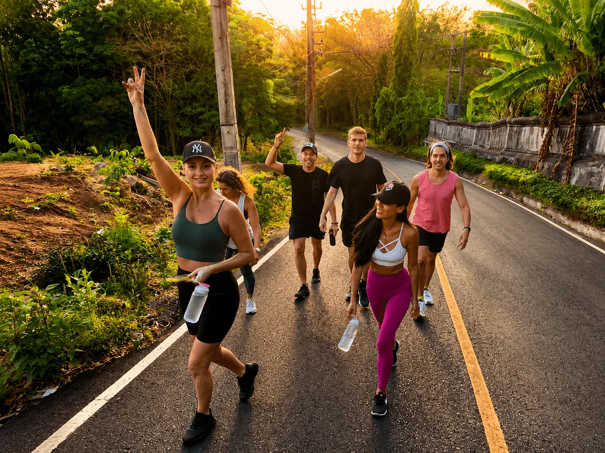 Group of guests walking together at golden hour through jungle roads in Phuket