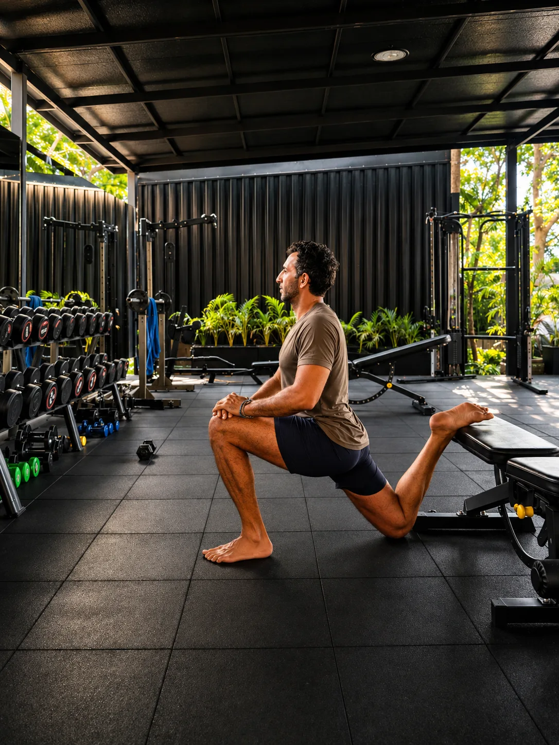 Guest doing a lunge stretch in the outdoor gym at Phuket Cleanse