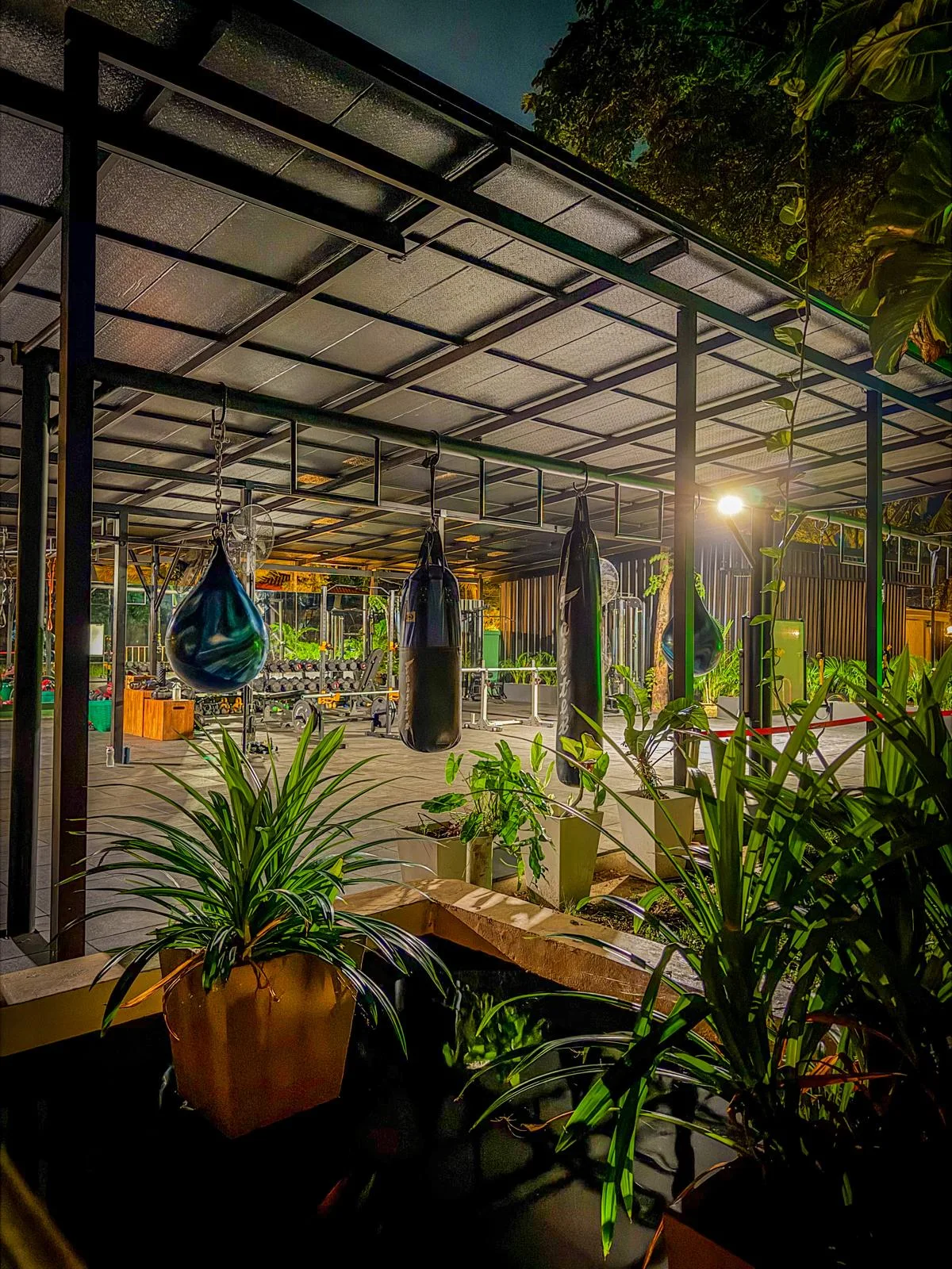 Wide view of the outdoor Phuket Cleanse training facility — Muay Thai bags and gym at night