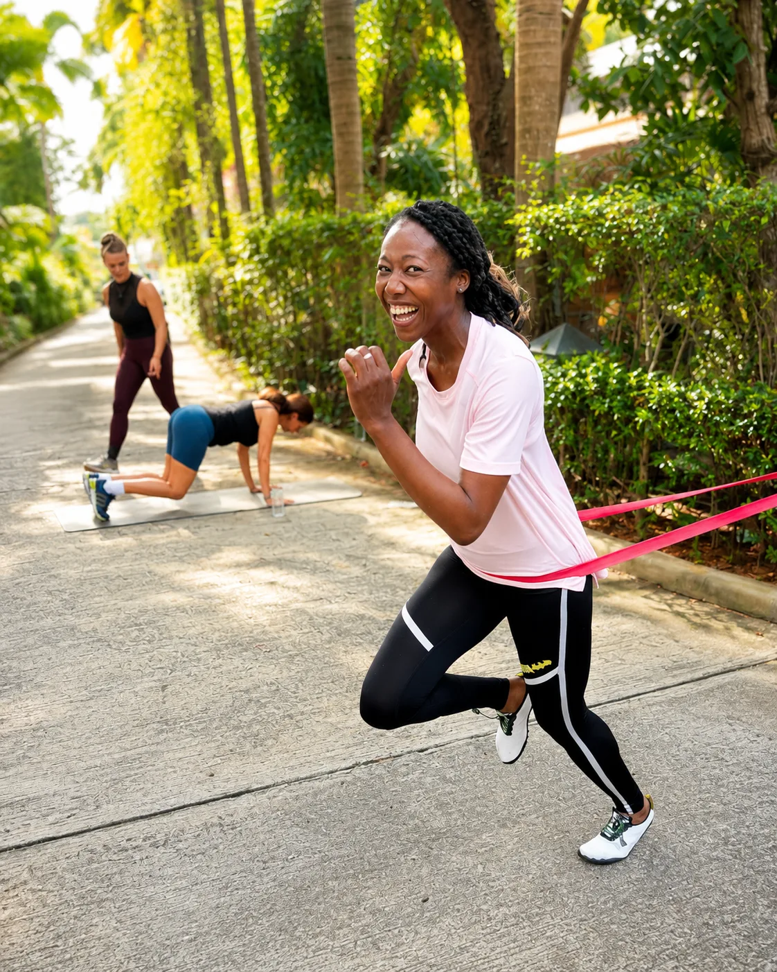 Guest doing resistance band lunges outdoors at Phuket Cleanse