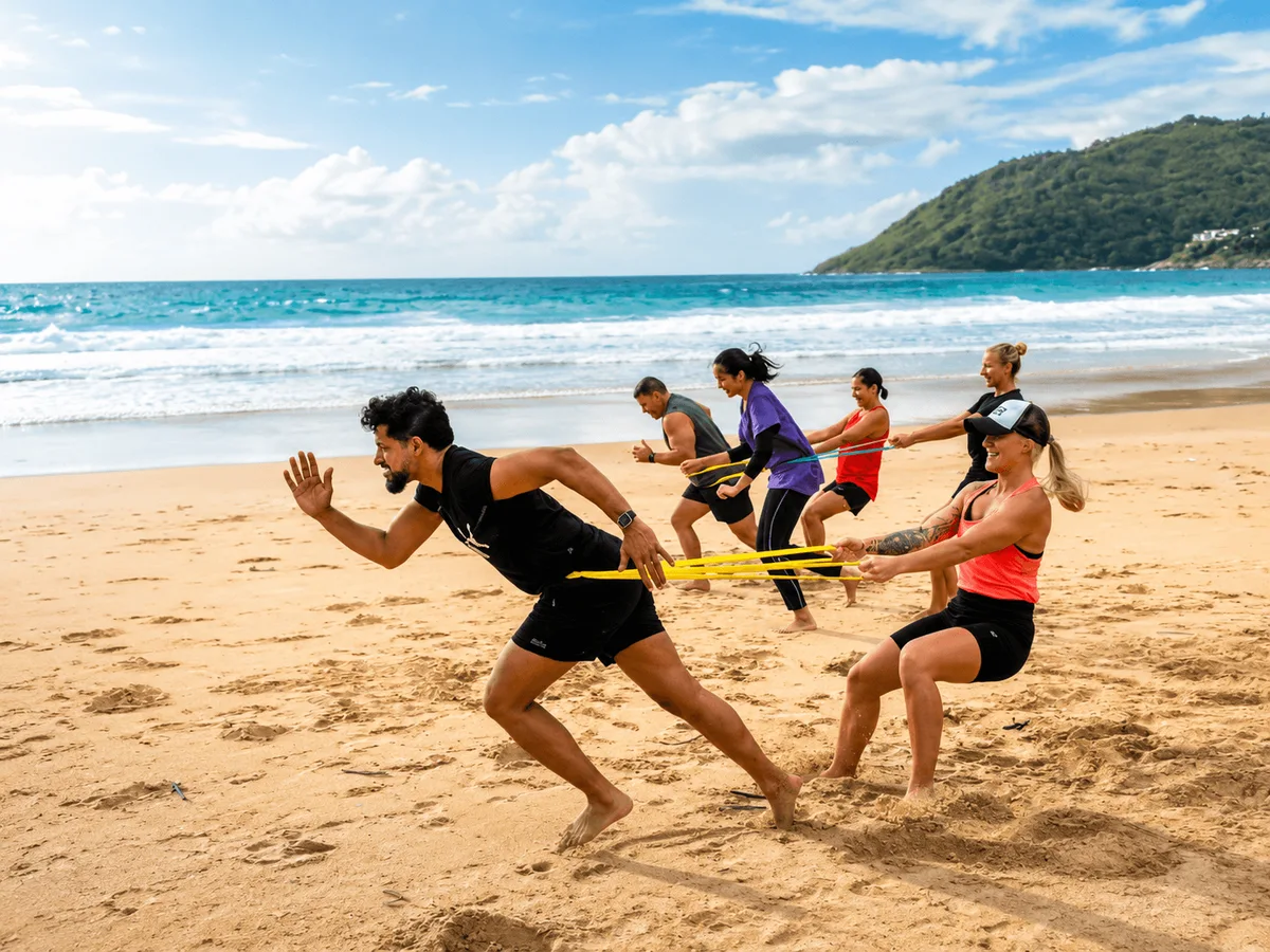 Group doing resistance band sprint training on Phuket beach