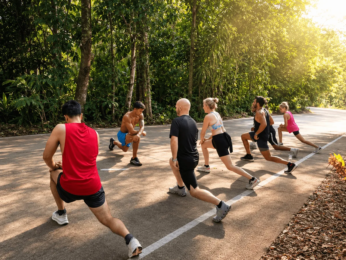Mixed group doing lunges on the jungle road at golden hour — Phuket Cleanse hike
