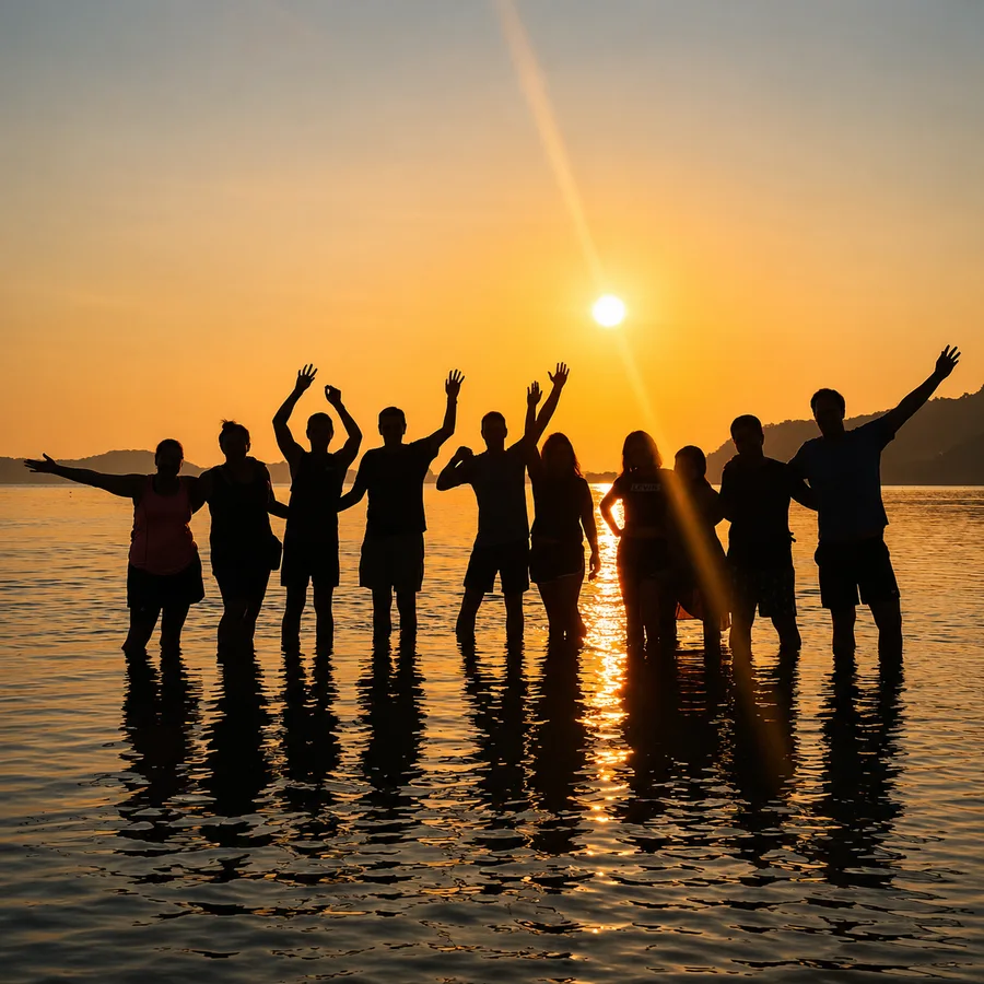 Group of guests silhouetted at sunset in the sea at Phuket Cleanse