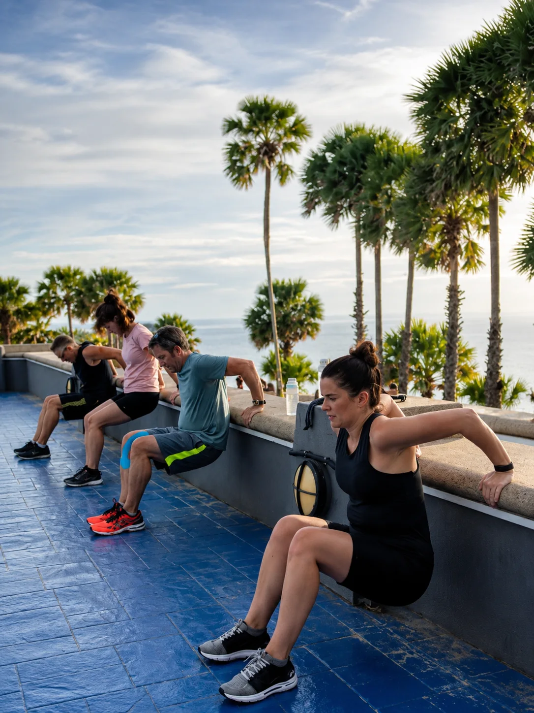Group doing terrace dips with ocean and palm tree views at Phuket Cleanse