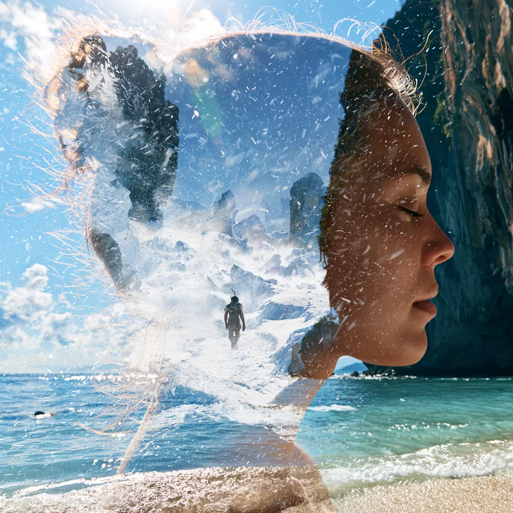 A conceptual double exposure photograph. The main subject is a side profile silhouette of a human face.