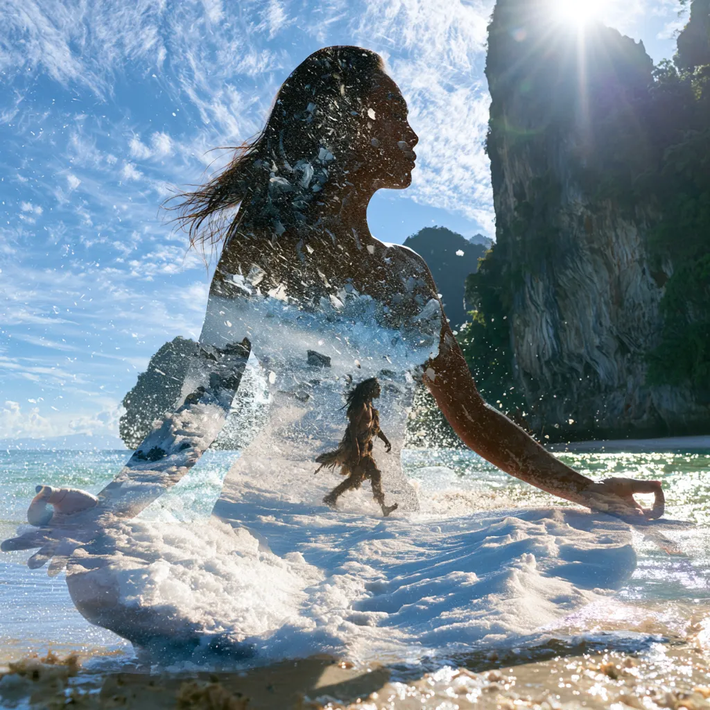 Another conceptual double exposure photograph featuring a silhouette overlaid with glacial ice structures.