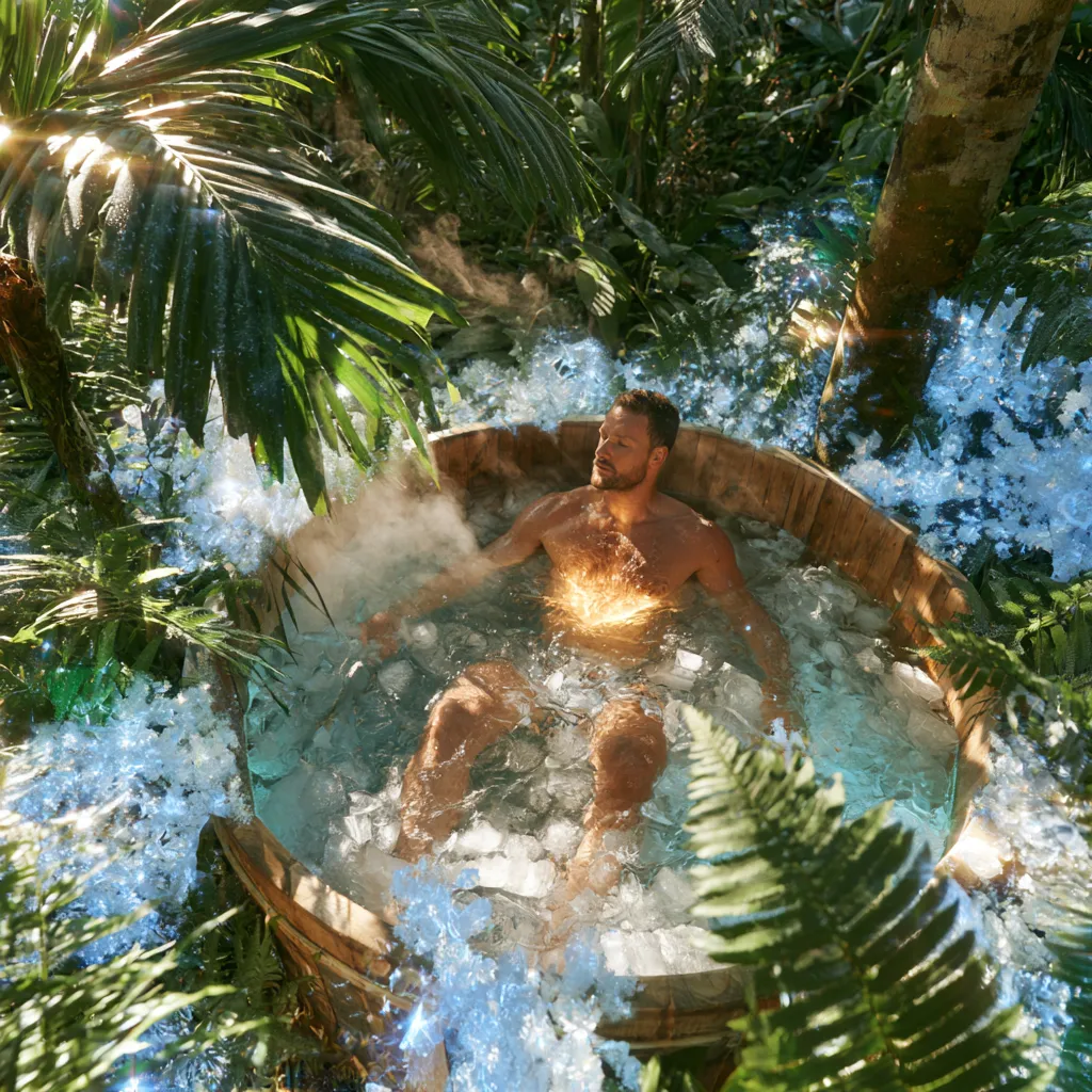 A surreal cinematic shot of a steaming wooden ice bath.