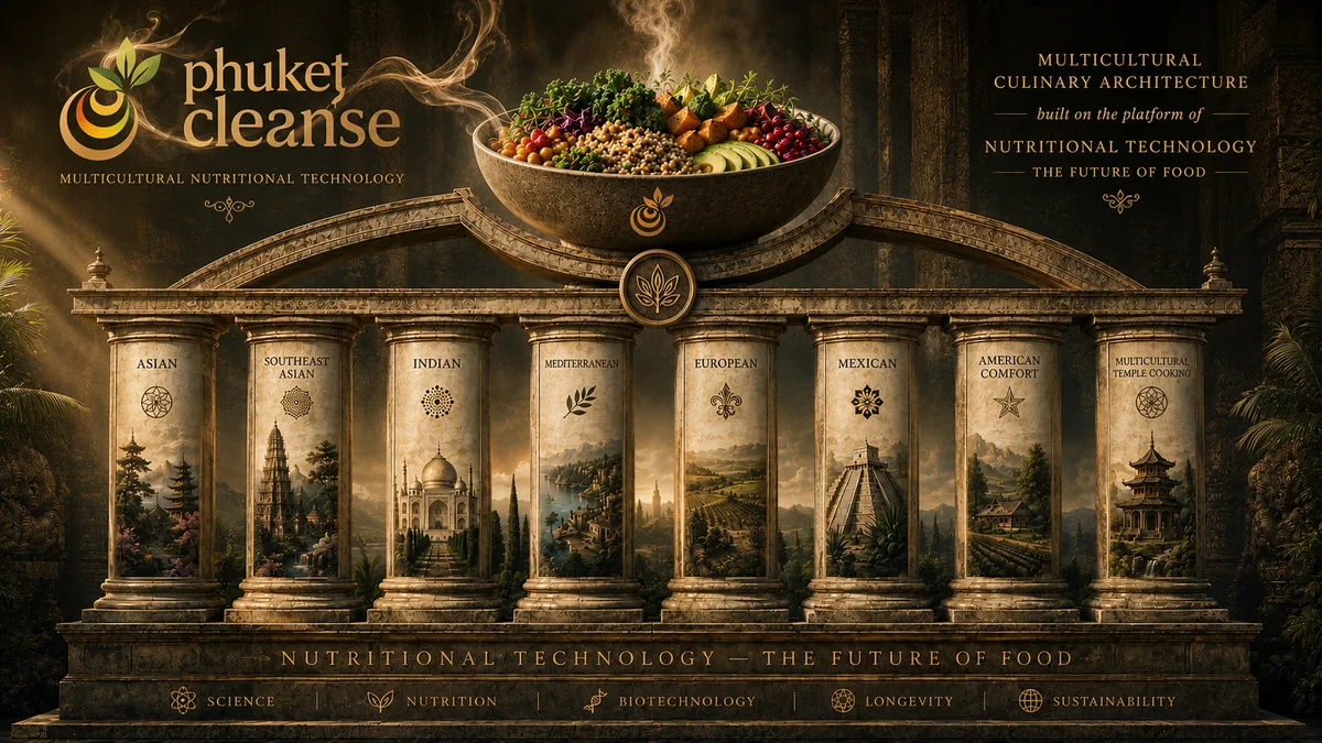 Multicultural Culinary Architecture at Phuket Cleanse — eight columns representing Asian, Southeast Asian, Indian, Mediterranean, European, Mexican, American Comfort and Multicultural Temple Cooking cuisines, crowned by a nourishing bowl, built on the platform of Nutritional Technology™