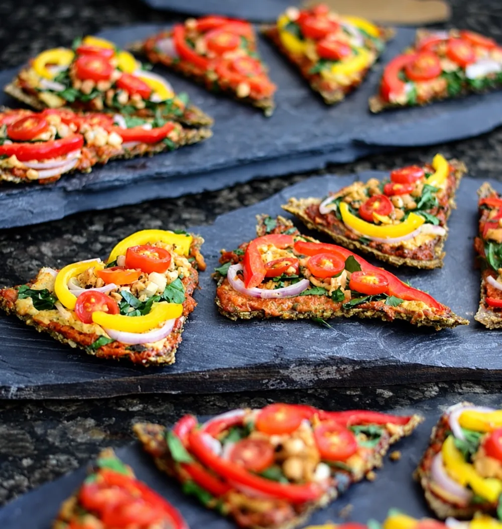 Raw vegan pizza slices topped with tomatoes, peppers, red onion and greens on slate serving boards