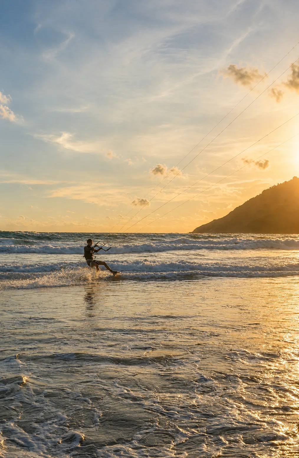 Kitesurfer at sunset on a Rawai beach