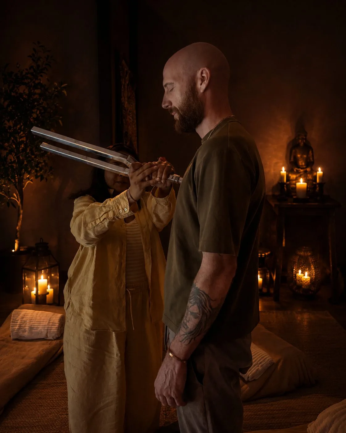 Sound ceremony with tuning forks during a meditation session at Phuket Cleanse